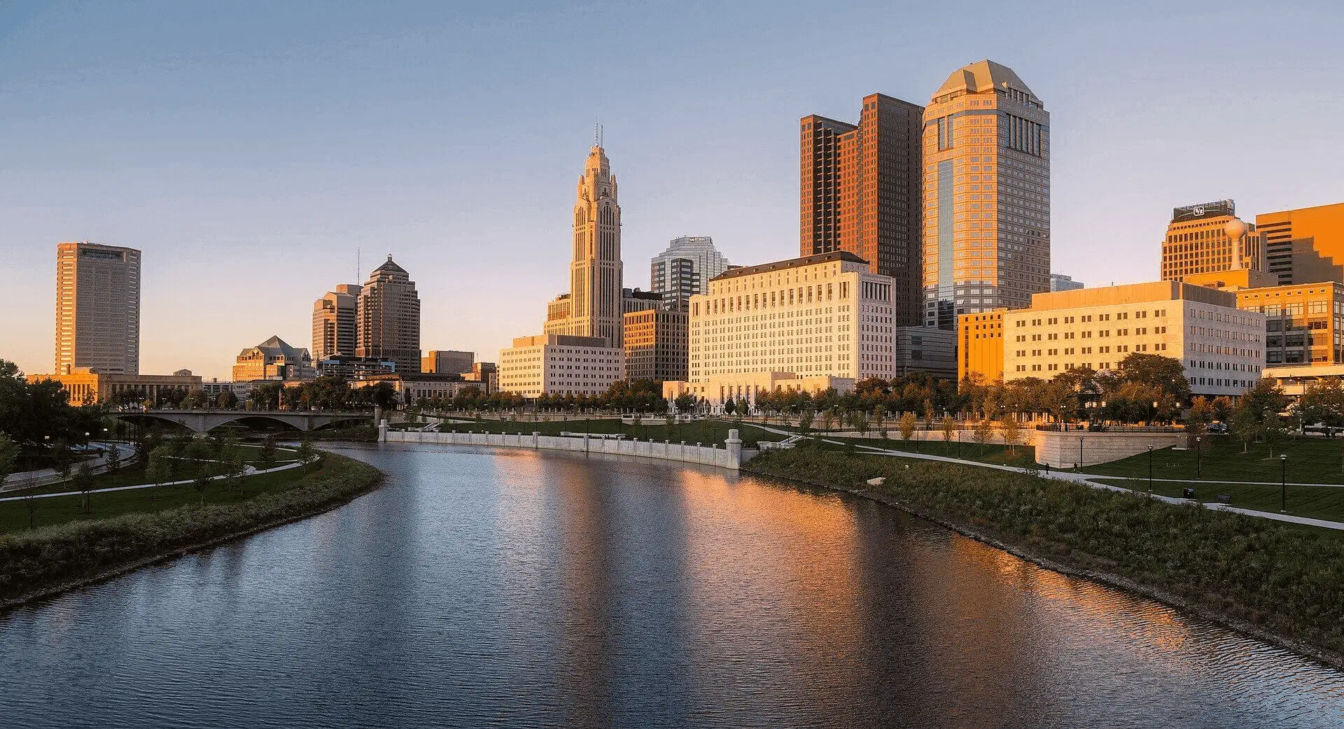 City skyline with river at sunset.
