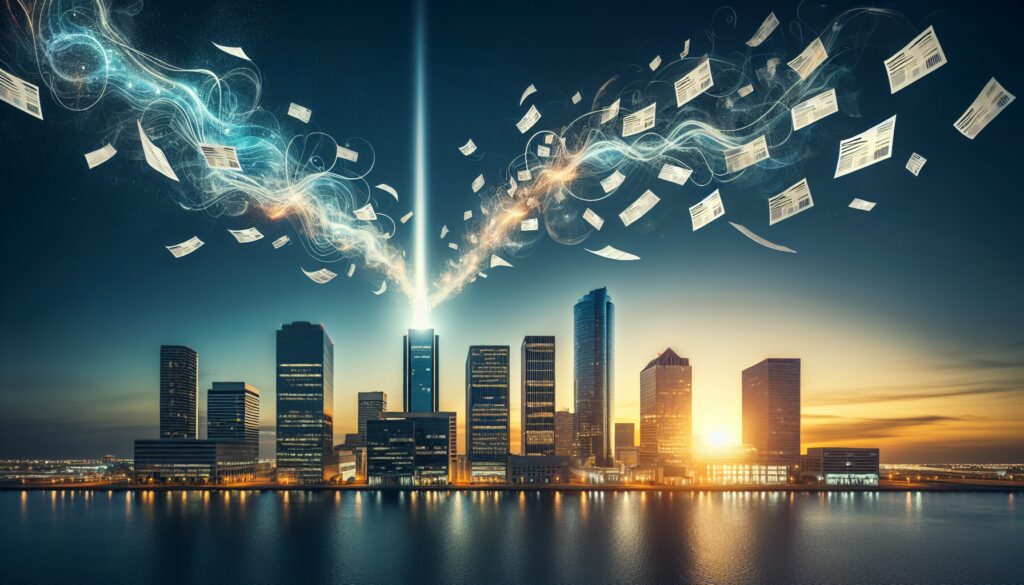 Corpus Christi skyline with invoices flying into a business